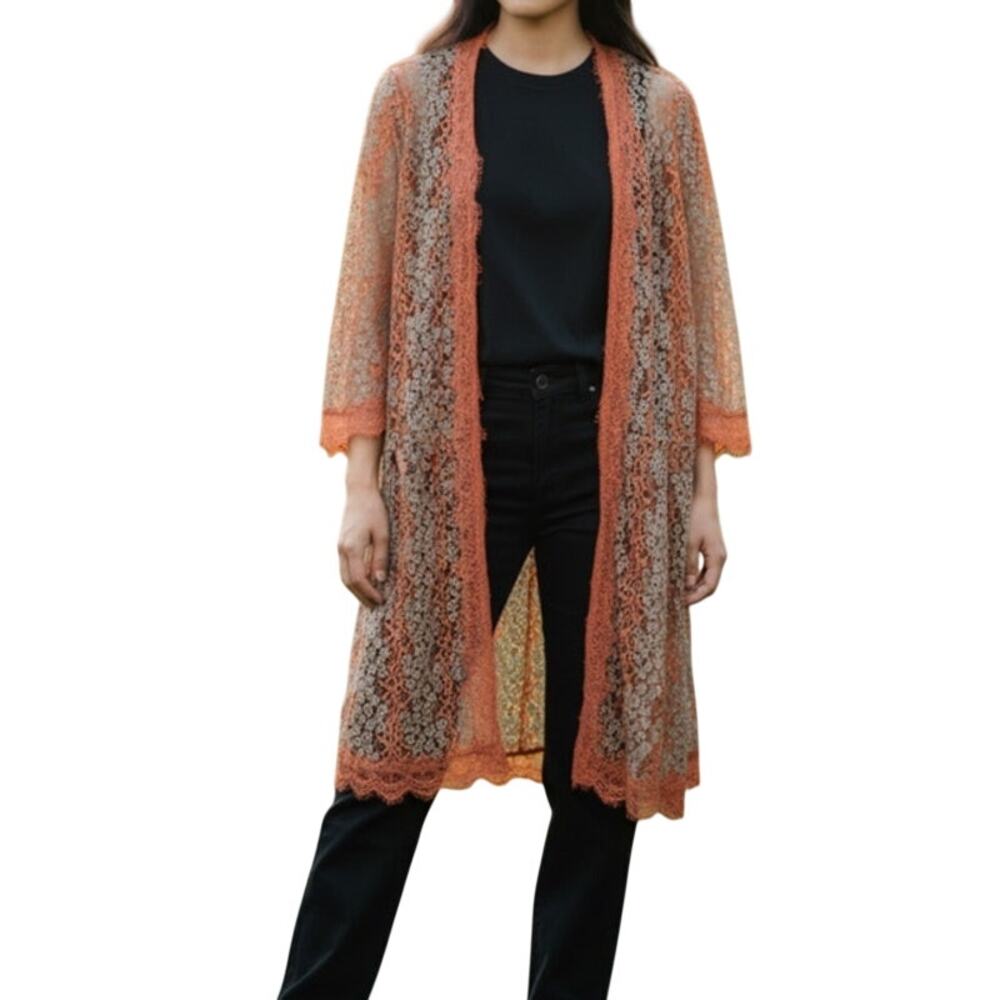 Paisley Vine Women's Small Orange Blue Floral Lace Fabric Long Sheer Cardigan